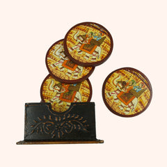 Handcrafted Vintage Rajasthani Wooden Coaster Set of 4 with Coaster Holder