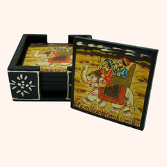 Handcrafted Wooden Rajasthani Painting Coaster Set of 5 with Coaster Holder