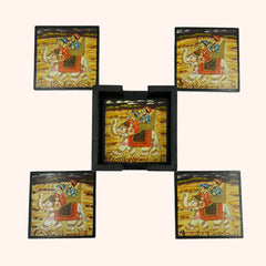 Handcrafted Wooden Rajasthani Painting Coaster Set of 5 with Coaster Holder