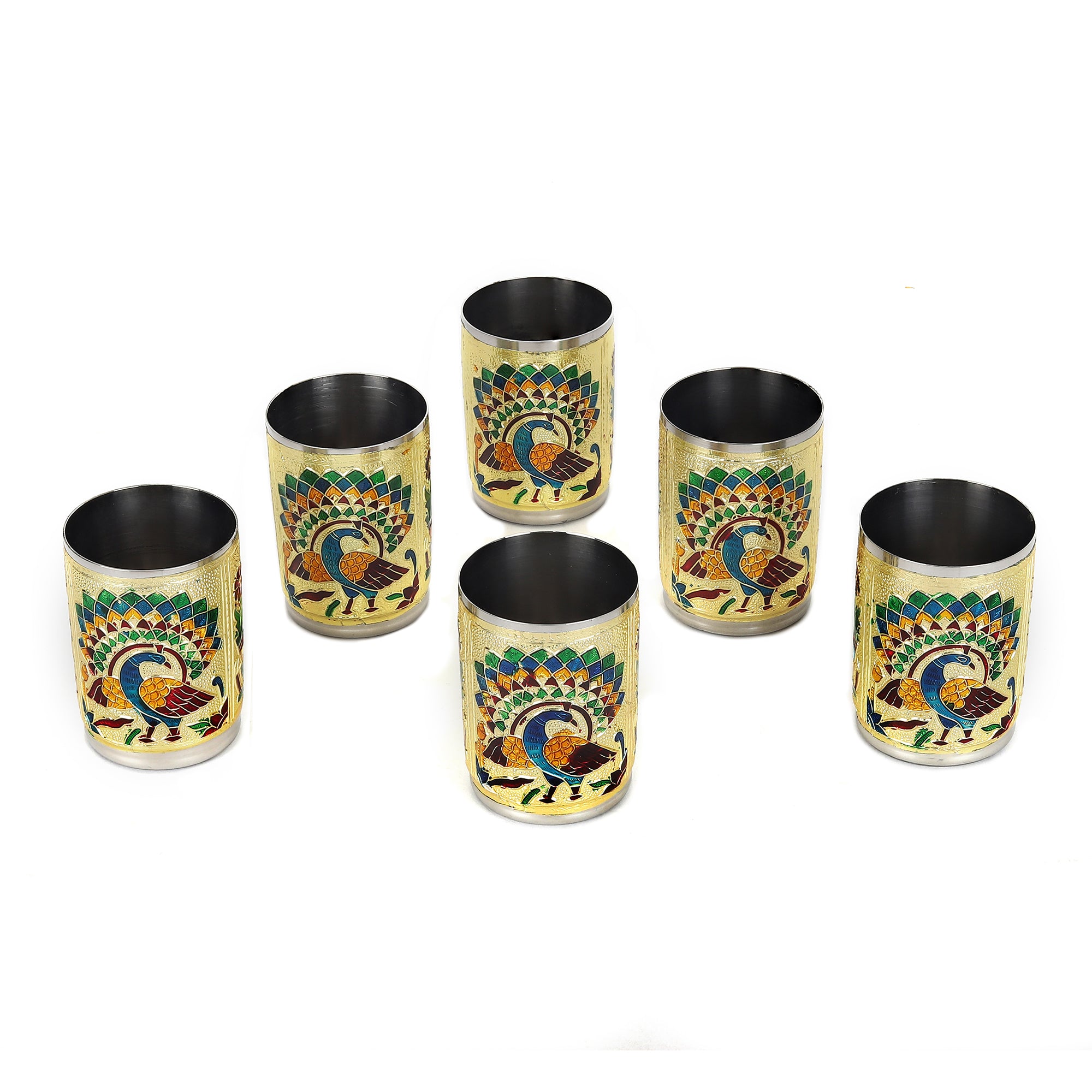 Peacock-Designed Meenakari Work Serving Tray with 6 Matching Glasses