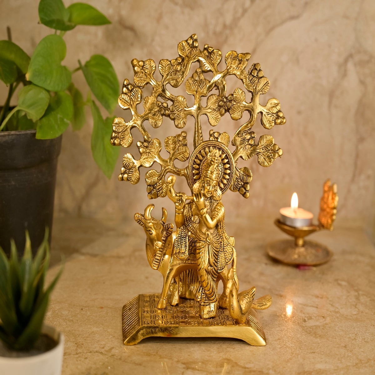 Handcrafted Gillette Metal Krishna Idol with Flute Under Kadam Tree