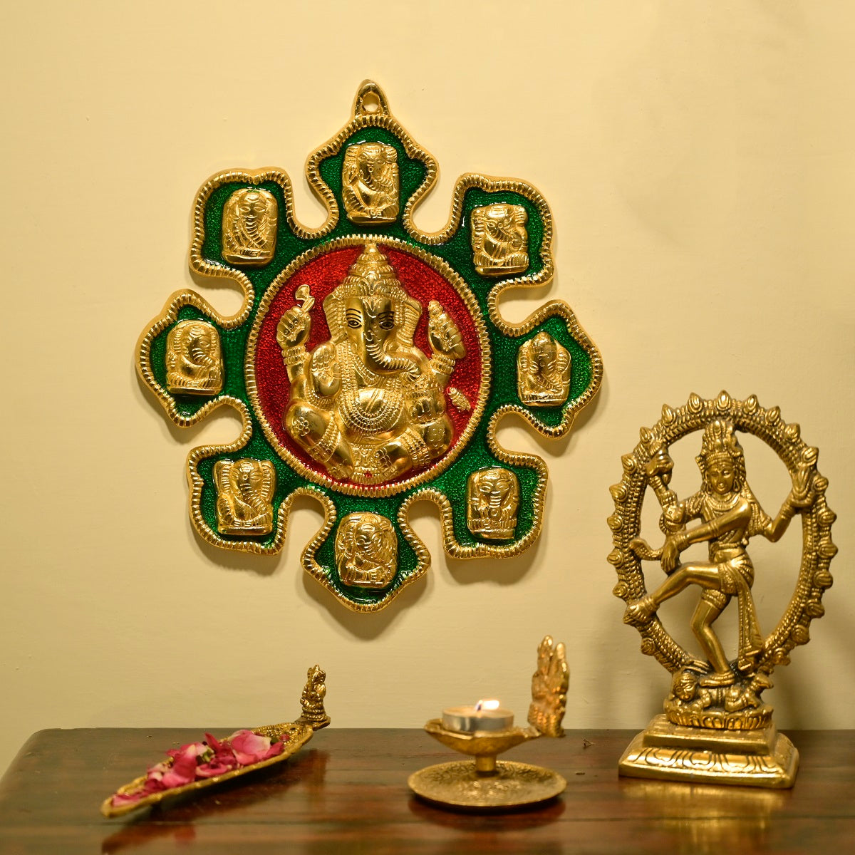 Nav Ganesha Golden Brass Wall Hanging for Gifting Purpose